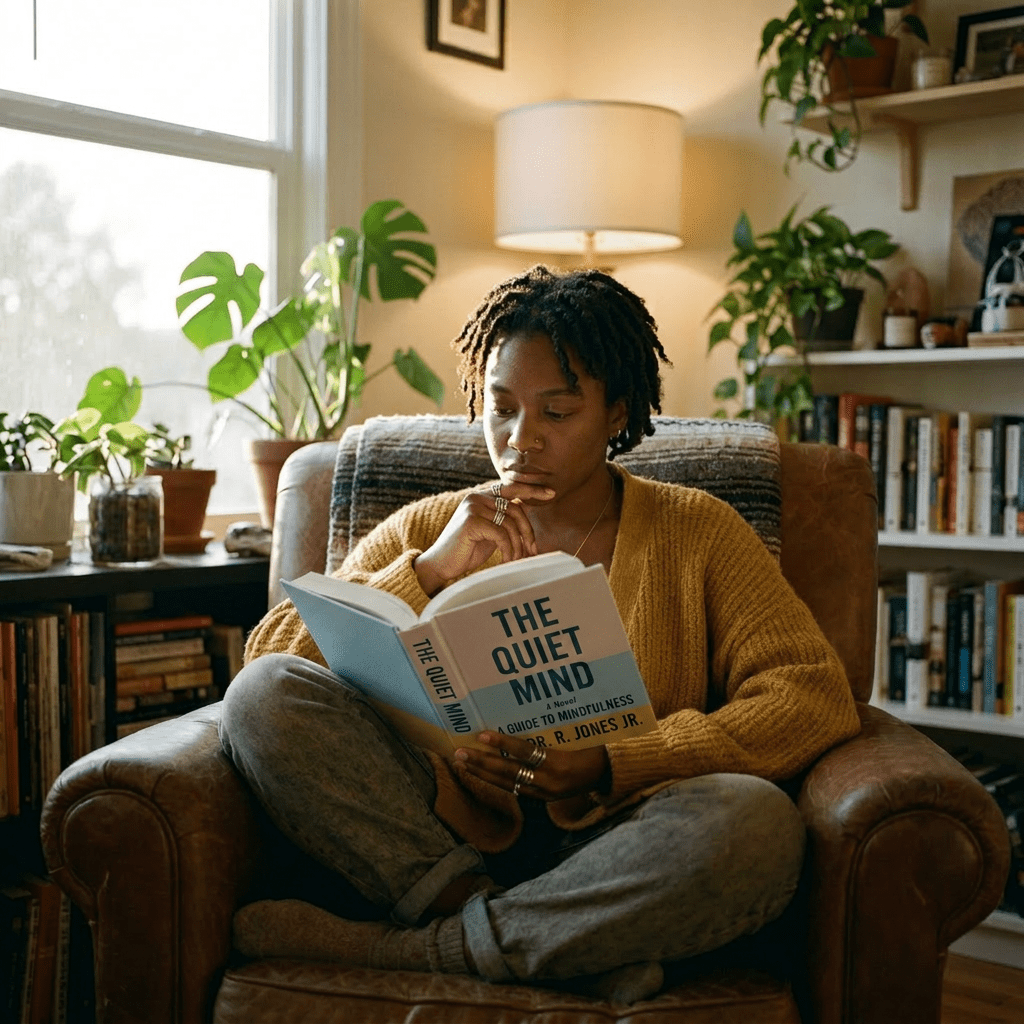 Person sitting cross-legged in armchair reading 'The Prophets' by Robert Jones Jr.